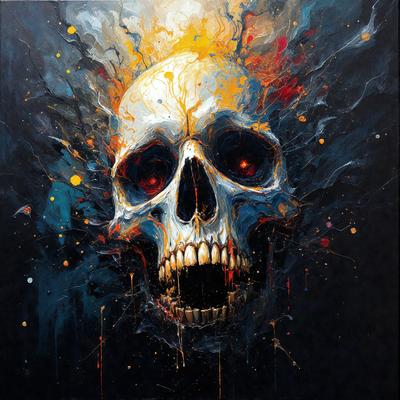 The primary subject of the image is a skull with a mouth open, painted in a dark and moody style. The skull is the focal point of the image, and it is set against a black background. The visual style of the image is a painting, with the skull being the main object and the mouth being the most prominent feature. The colors in the image are predominantly dark, with the skull being the only colorful element, creating a dramatic and intense atmosphere.